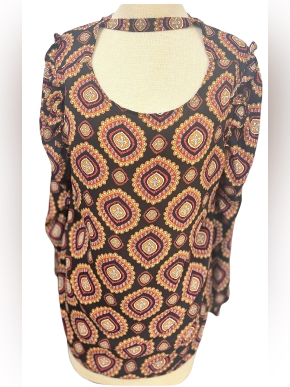 LOFT Black Orange Print Long Sleeve Blouse Women’s Large Boho Ruffle Top